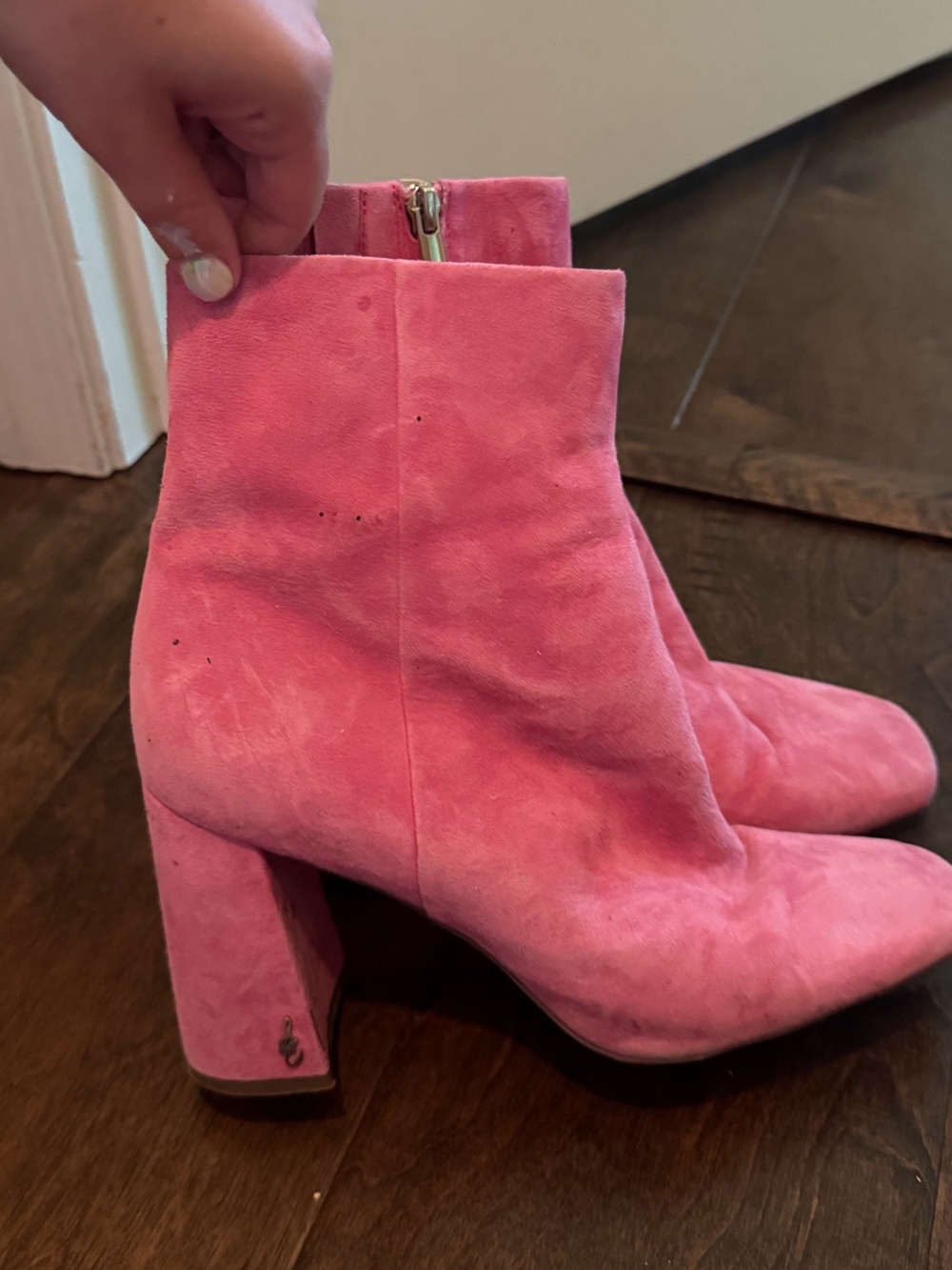 Sam Edelman Pink Suede Block Heel Ankle Boots